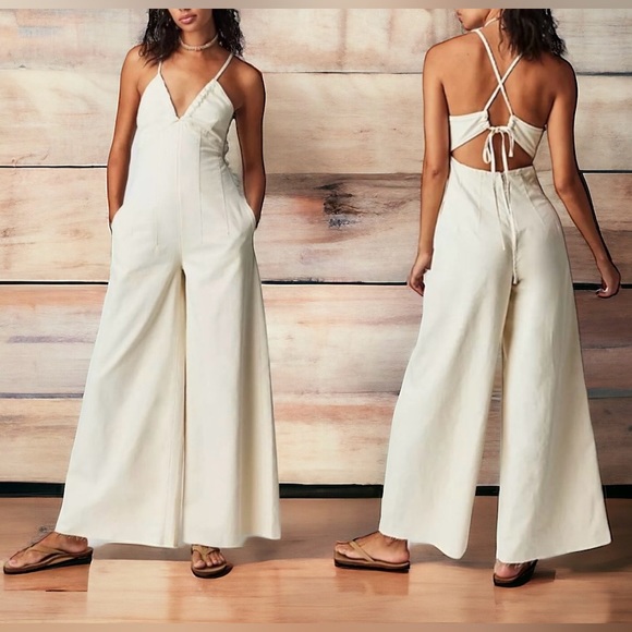 Free People Pants - NWOT Free People We The Free Curvy Soul Ties One-Piece Wide-Leg Denim Jumpsuit